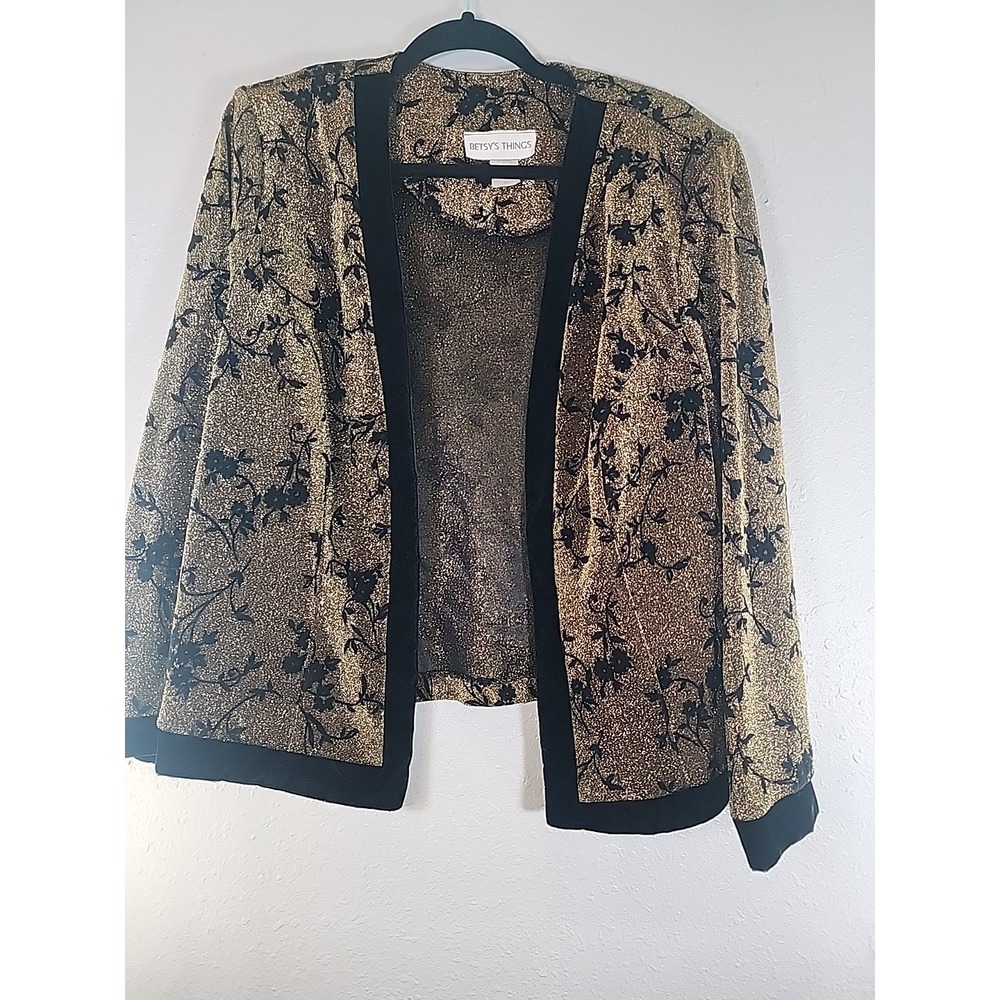 VTG Betsy's Things‎ vintage metallic gold open-front blazer  cardigan jacket